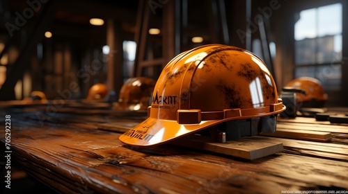 Hard Hats Resting on a Wooden Table photo