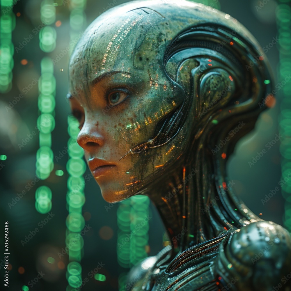 An alien with a background of dripping green binary code. An alien with a background of dripping green binary code.