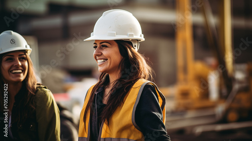 Two cheerful women in white hard hats and hi-vis vests at a construction site.