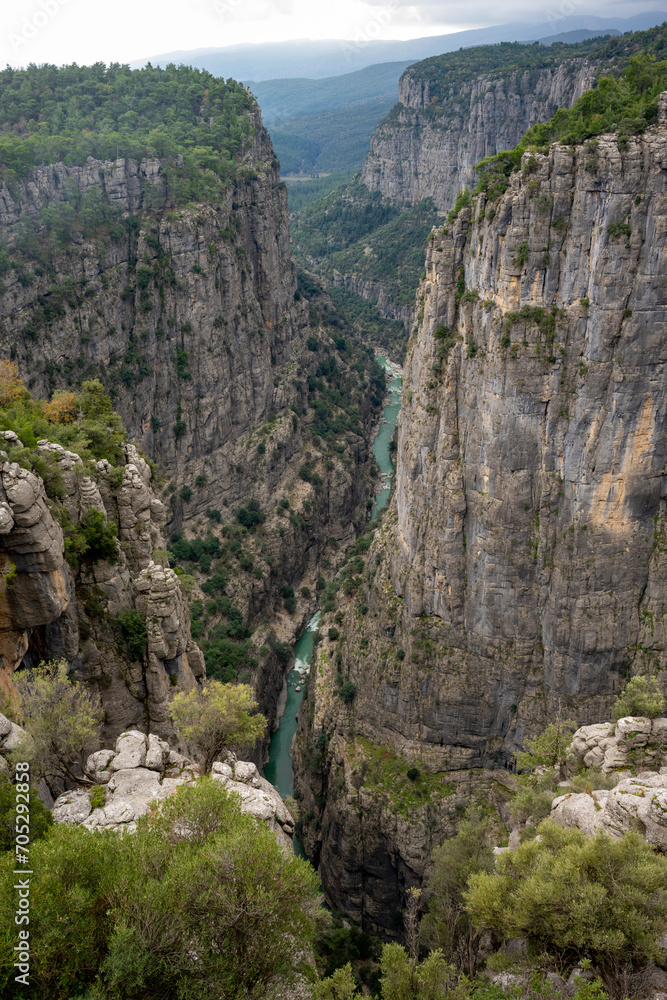 Naklejka premium Panorama landscape of Tazı Kanyonu (aka Eagles Canyon, Tazi Canyon) and Bilgelik Vadisi (aka Wisdom Valley). Located in Köprülü Canyon National Park, Antalya, Turkey