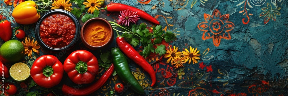 Composition for Cinco de Mayo concept with food, red peppers