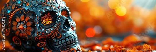 Traditional Calavera, Sugar Skull decorated with flowers. The day of the dead. photo