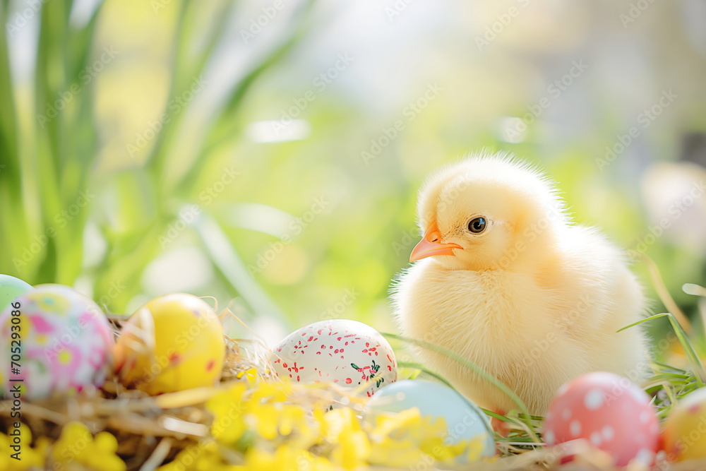 A tiny yellow chick sits amidst Easter eggs nestled in straw and surrounded by yellow flowers.