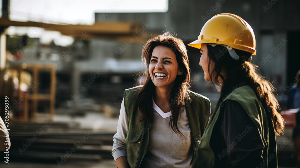 The image depicts a woman in a yellow hard hat laughing with her coworker at a construction site.