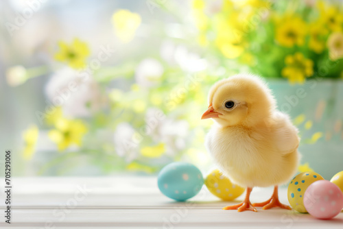 A small yellow chick stands near polka-dotted Easter eggs with a bright floral background. © Enigma