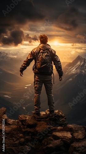 Man on a Mountaintop at Sunset