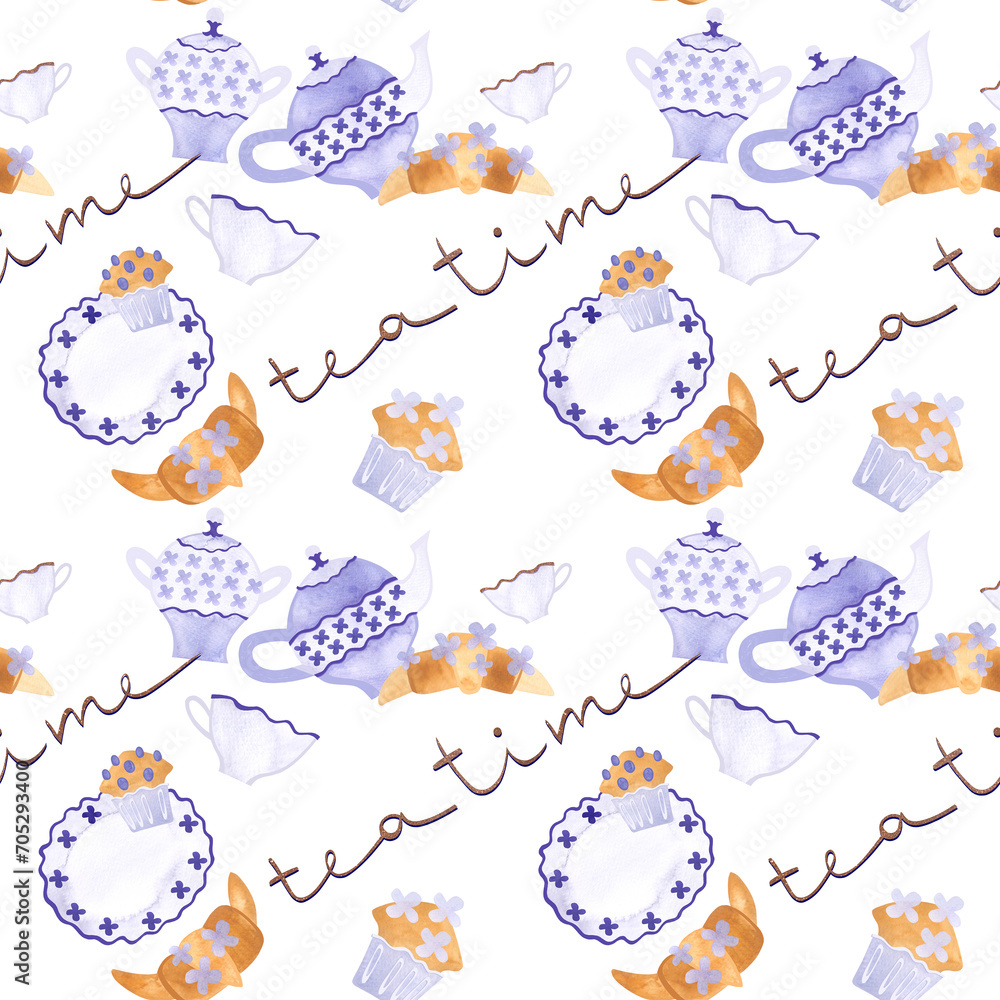 Breakfast: tea, coffee, croissants, muffins, kettle, cups. Seamless watercolor pattern on a white background. Breakfast: tea, coffee, croissants, muffins, kettle, cups. Seamless watercolor pattern on a white background.