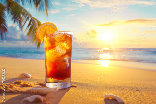 Long Island Iced Tea beachside, an atmospheric scene featuring a Long Island Iced Tea served in a tropical beach setting.