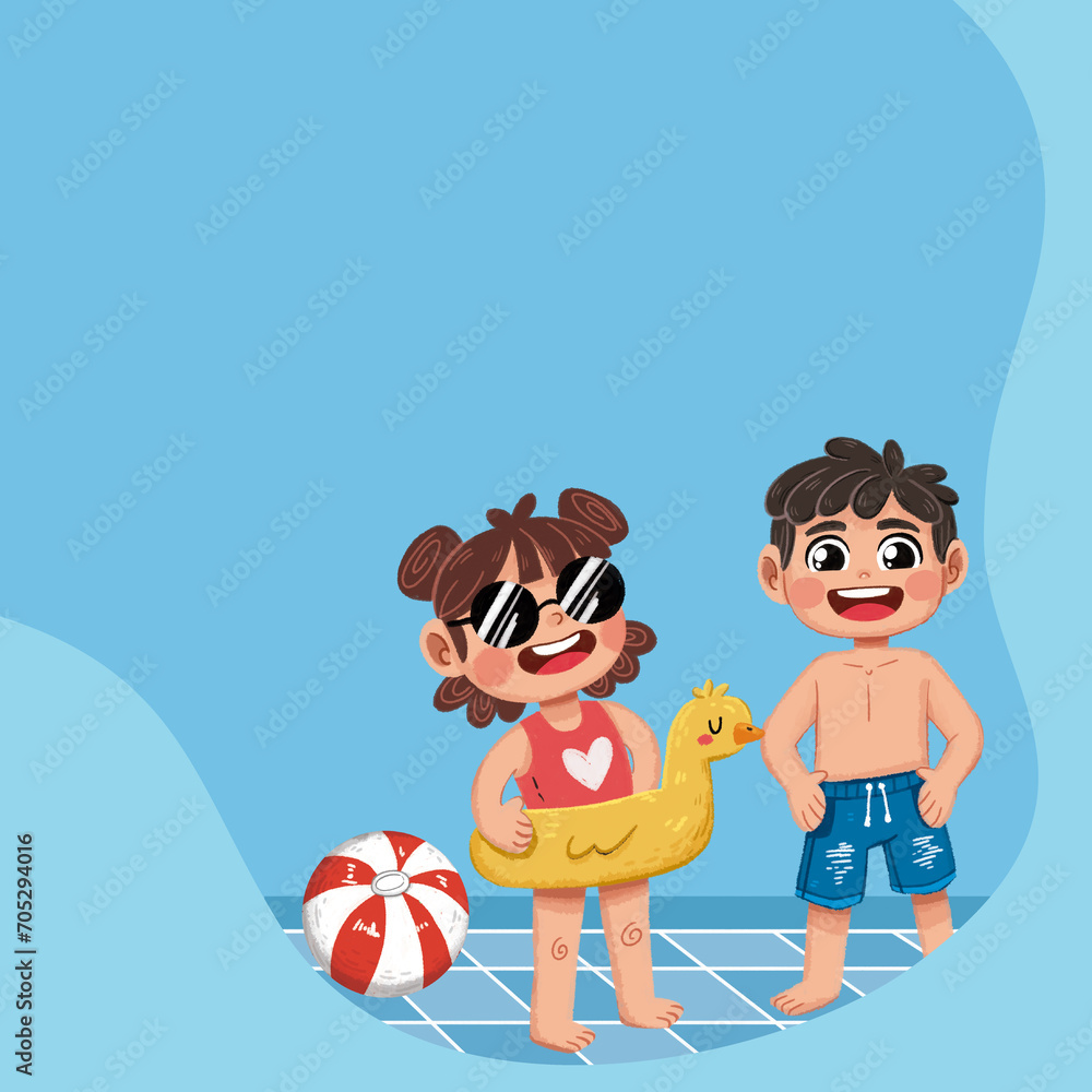 Naklejka premium post de niños en vacaciones de verano, playa y piscina 