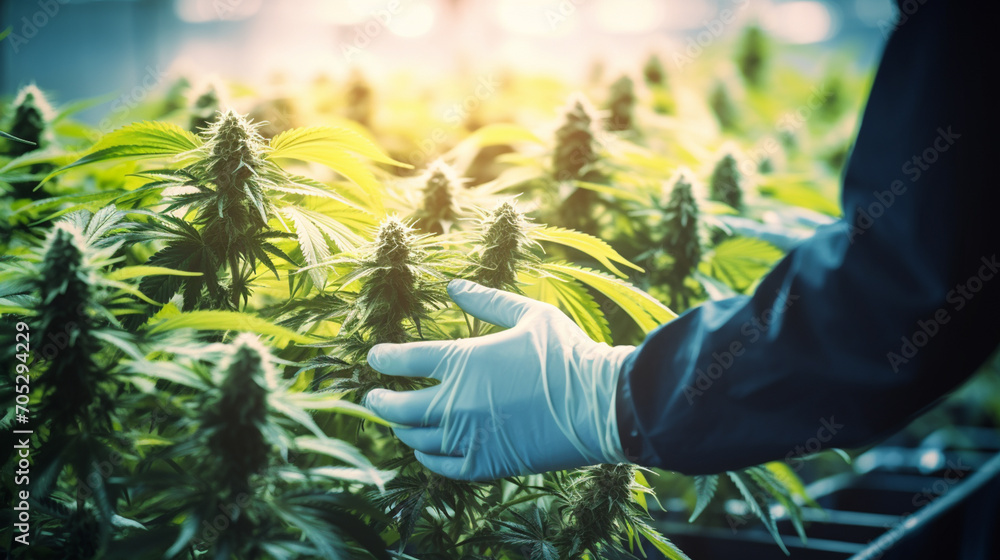 Fototapeta premium A scientist's hand close-up inspects the pleasant buds on a cannabis plant. Cannabis plantation.