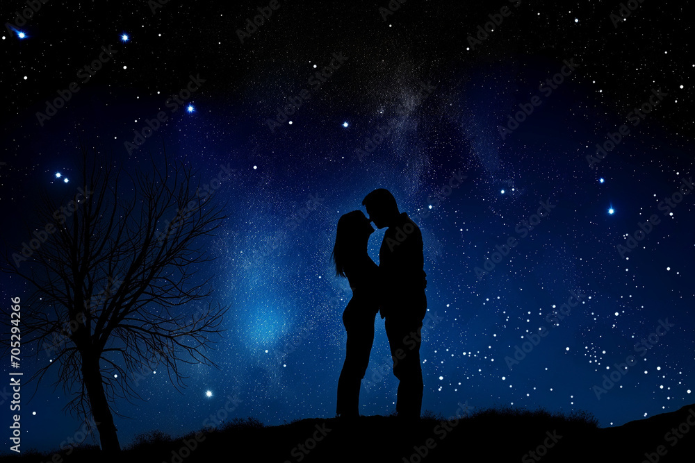 Two people standing under a starry night sky, romantic - valentines day