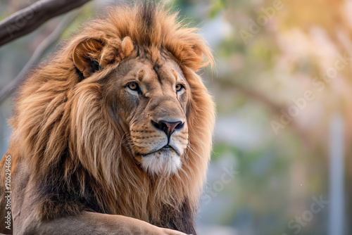 A regal male lion with a luxurious mane looks to the side  exuding calm authority in his natural habitat.