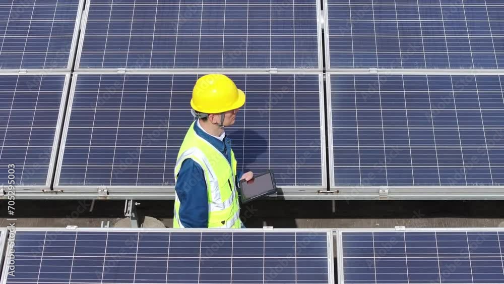 male technician works in solar power station male technician works in solar power station