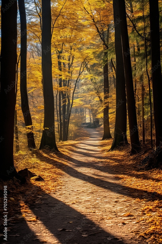 Obraz premium Sunlit path through a forest in autumn