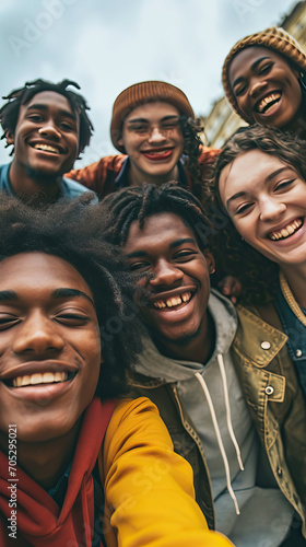 Group of Multiracial Young Students Smiling and Taking a Selfie Together, Capturing Joyful Moments of Togetherness. A Happy African American Teenager Laughs with His Cheerful Friends, Embracing the Di © Lila Patel