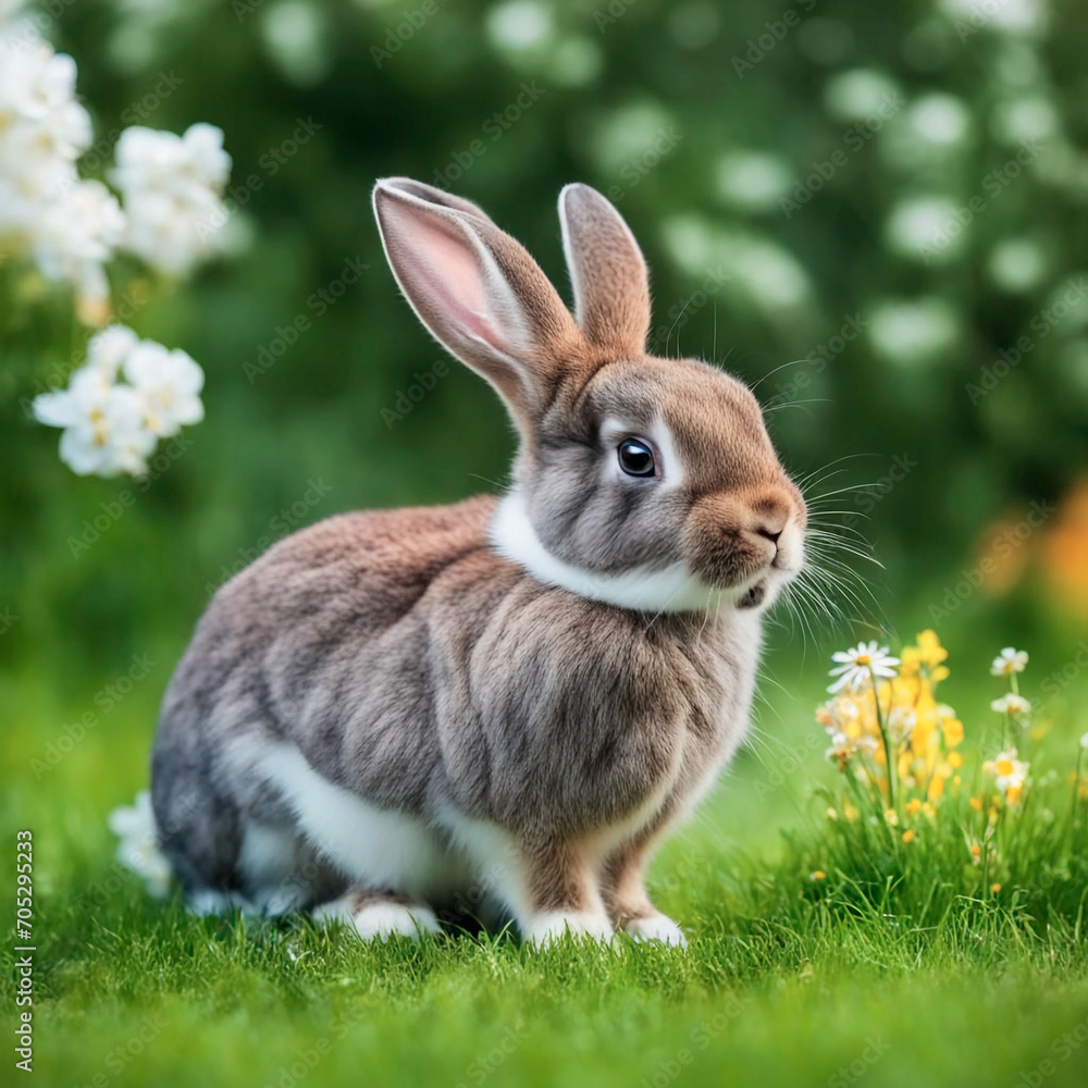 cute gray fluffy rabbit on a green grassy lawn cute gray fluffy rabbit on a green grassy lawn
