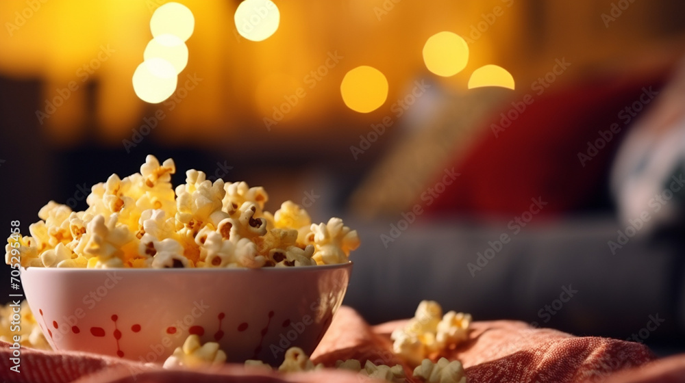 tasty popcorn on the background of the bedroom. Generative AI tasty popcorn on the background of the bedroom. Generative AI