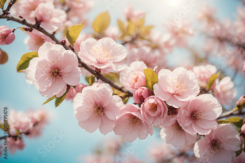 Spring banner, branches of cherry blossoms against the blue sky. Pink sakura flowers, dreamy romantic image of spring, landscape panorama, copy space.