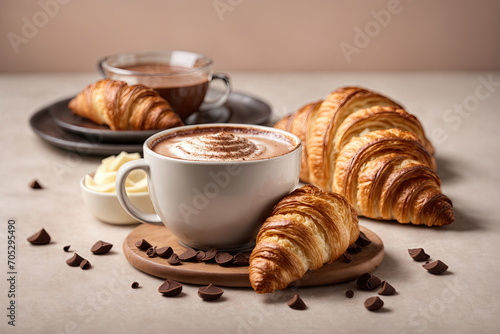 A cup of cappuccino with croissants on the table. Freshly baked croissant combined with a cup of cappuccino  covered with cocoa powder for a cafe or restaurant menu or advertising.