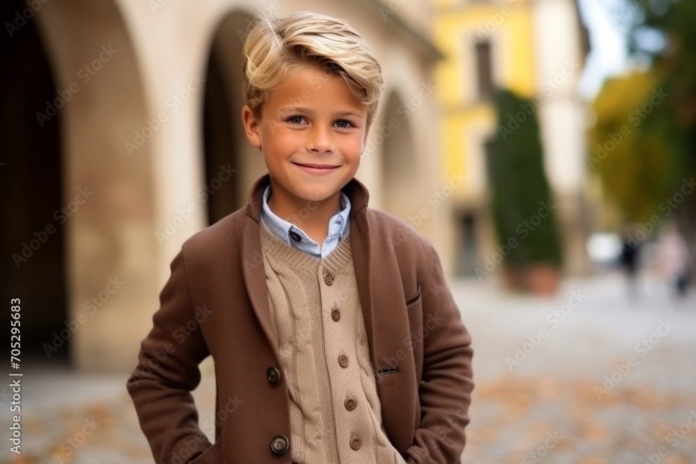 Portrait of a happy boy with blond hair in a coat on the street Portrait of a happy boy with blond hair in a coat on the street
