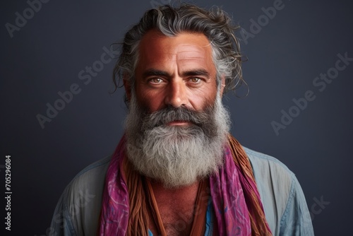 Portrait of a handsome bearded Indian man with long gray hair.