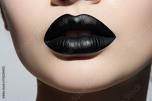closeup of beautiful seductive lips of a young woman with black matte lipstick photo
