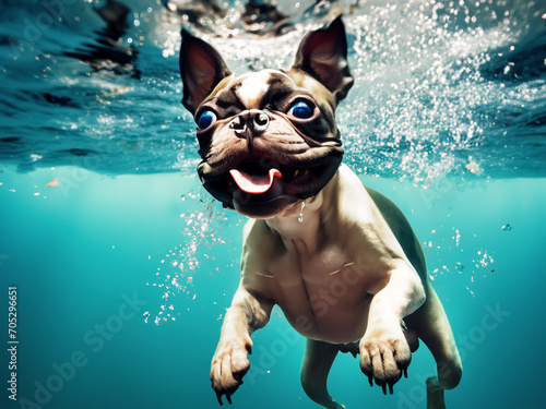 Boston Terrier Underwater Catching Tennis Balls