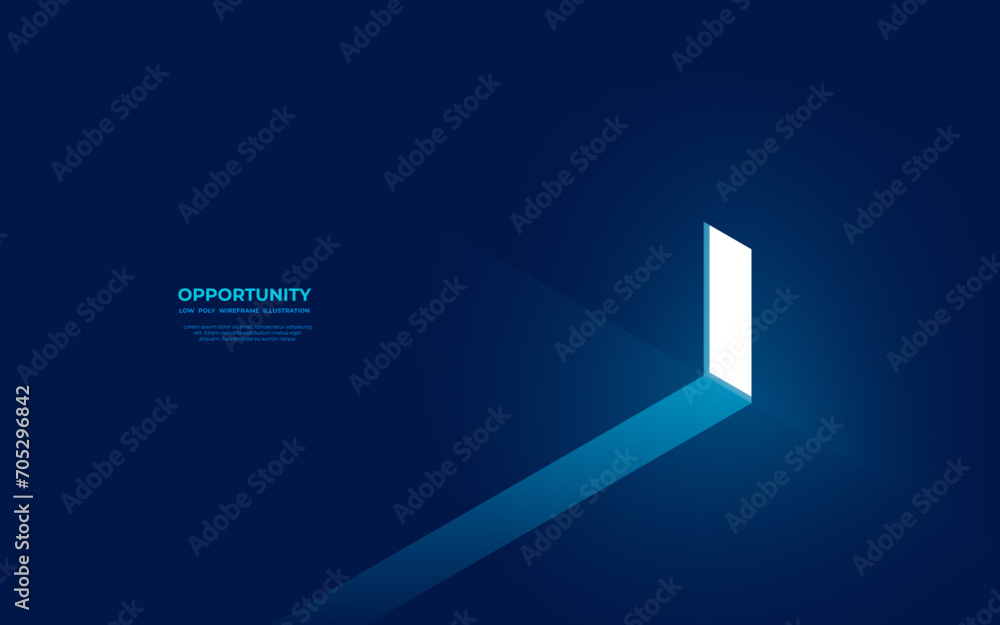 Open door in a future. Opportunity concept. Bright portal on the wall with light on the floor. Isometric blue vector illustration. New job or hope metaphor. Technology and Business. Digital door. - obrazy, fototapety, plakaty 