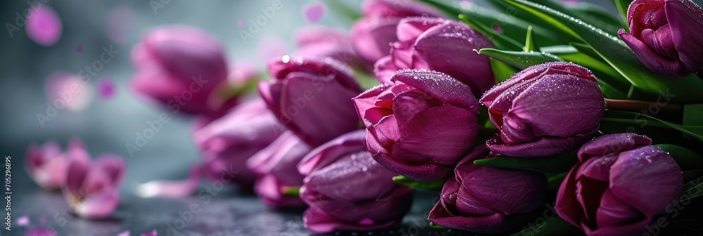 A bouquet of pink and purple tulips lies A bouquet of pink and purple tulips lies