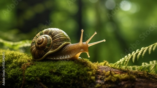 A mossy green snail crawling on a textured branch, surrounded by the lush greenery of a forest. -Generative Ai  © Online Jack Oliver