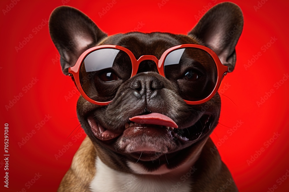 cute happy dog French Bulldog in red sunglasses on a bright red background