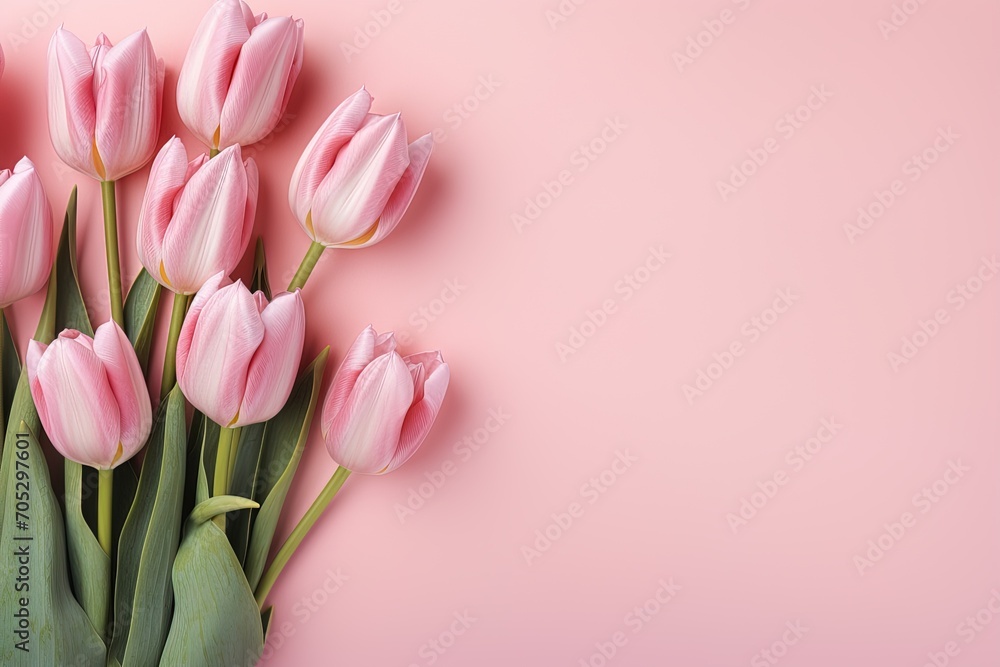 spring pink tulips flowers frame on pink background top view, beautiful floral template with copy space