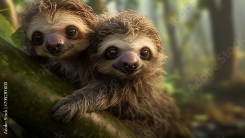 A mother sloth carrying her adorable baby on her back, showcasing a heartwarming moment. -Generative Ai
