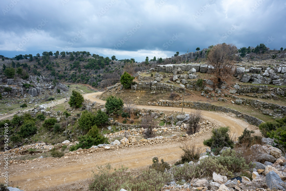 Majestic view of valley with beautiful rock formations on a autumn day. Adamkayalar, Selge, Manavgat, Antalya, Turkey. 