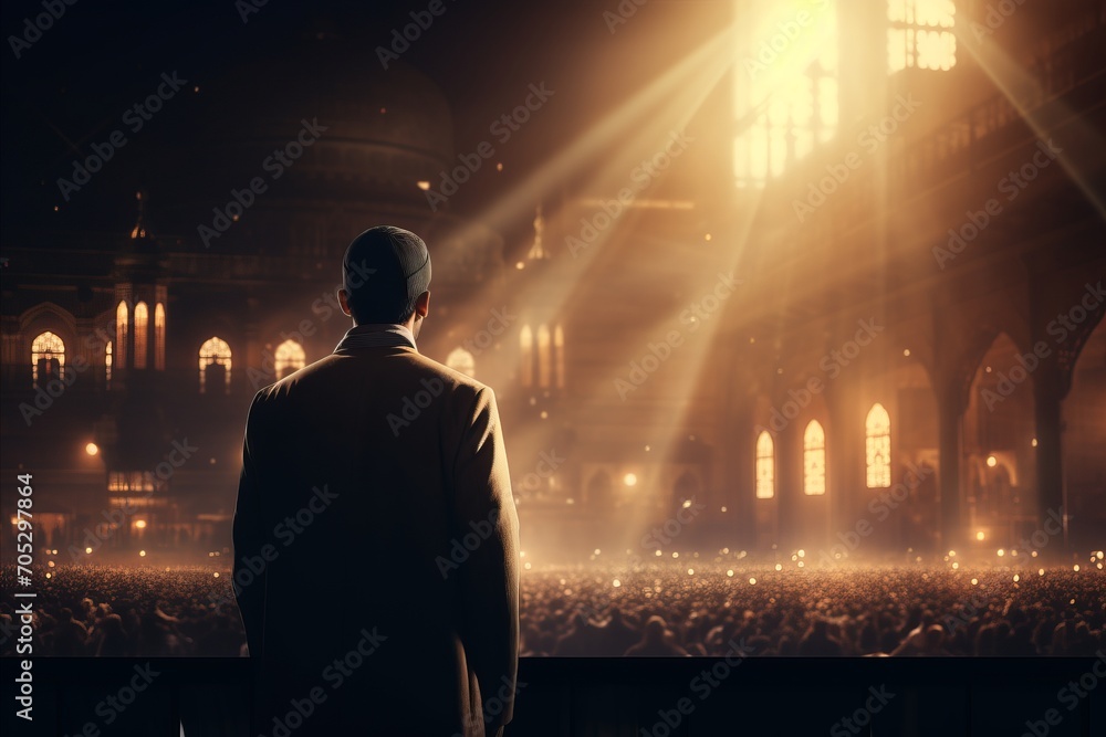 Muslim man standing in a prayerful posture in front of mosque, expressing belief and devotion