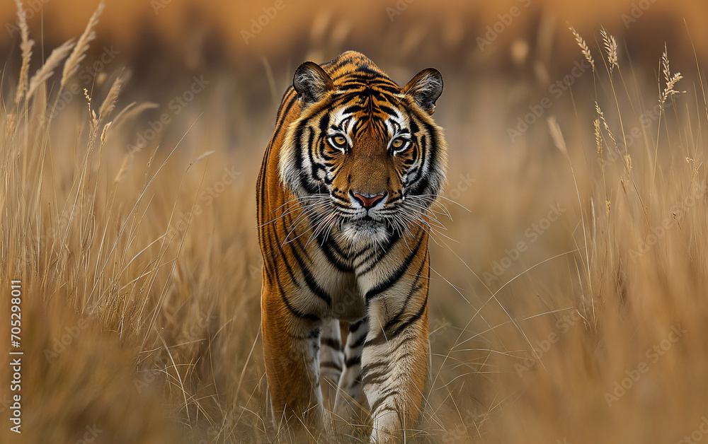 Fototapeta Tiger in the meadow.Panorama view. Generative AI