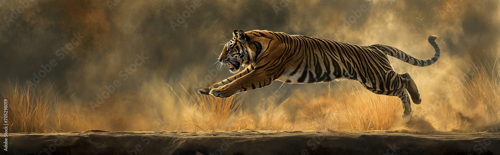 Tiger running in the woods.Panorama view. Generative AI - obrazy, fototapety, plakaty 
