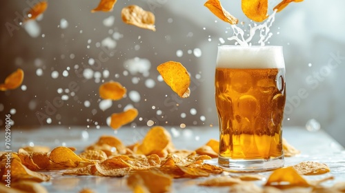 Flying chips over a glass of beer