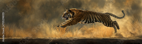 Tiger running in the woods.Panorama view. Generative AI photo