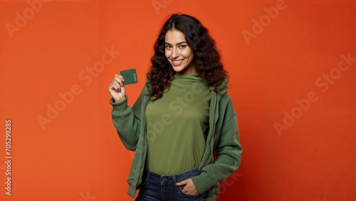 Smiling woman holding a card, with colorful background. © Diego
