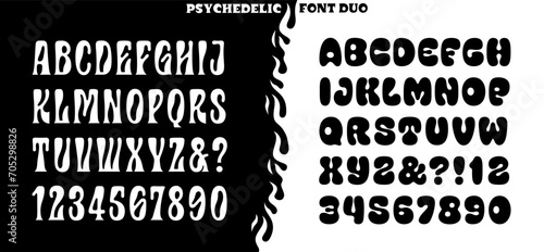 A duo of alphabets in the style of retro psychedelia. This pair of fonts can work well together in poster art, album covers, t-shirts, and more.
