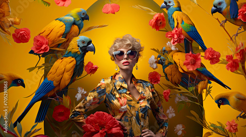 Woman in Floral Outfit Surrounded by Parrots and Tropical Flowers