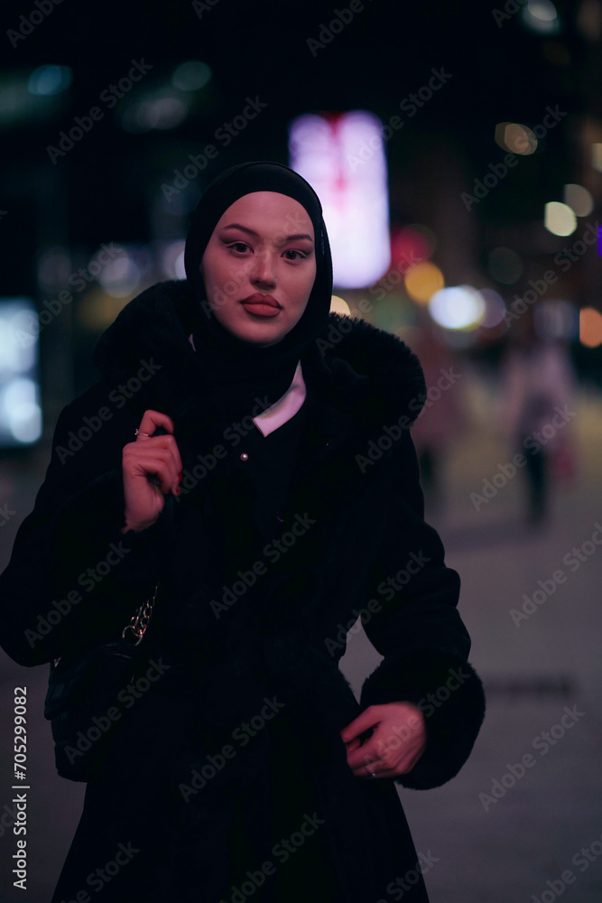 Muslim woman walking on an urban city street on a cold winter night wearing hijab Muslim woman walking on an urban city street on a cold winter night wearing hijab