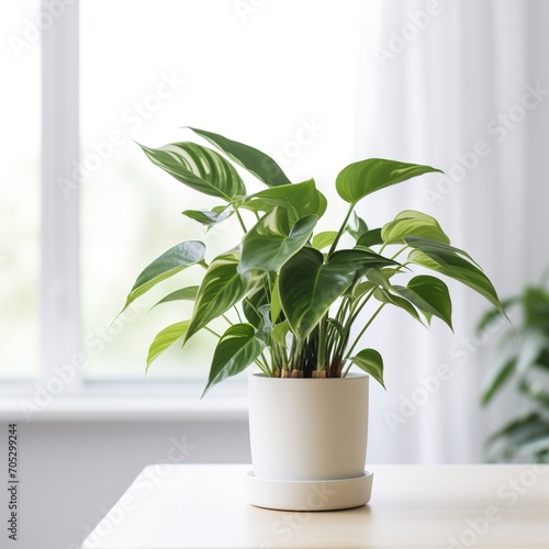 A beautiful potted houseplant sits on a table near a bright window. © duyina1990