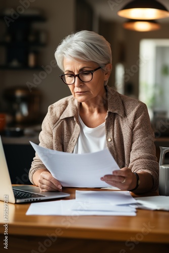 Senior woman reading documents at home office