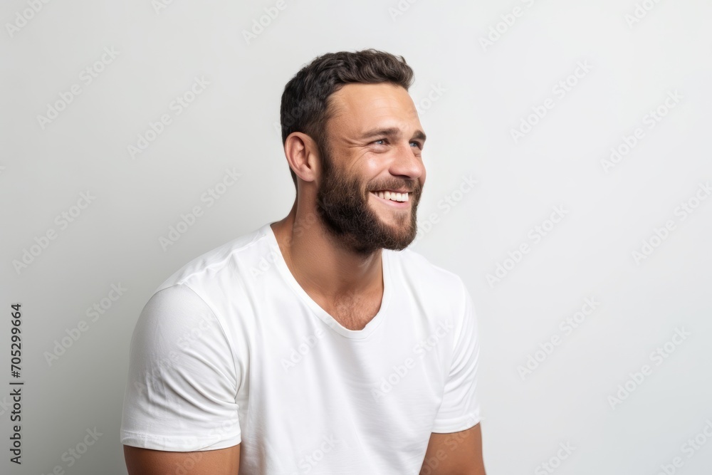 Portrait of handsome bearded man in white t-shirt on grey background Portrait of handsome bearded man in white t-shirt on grey background