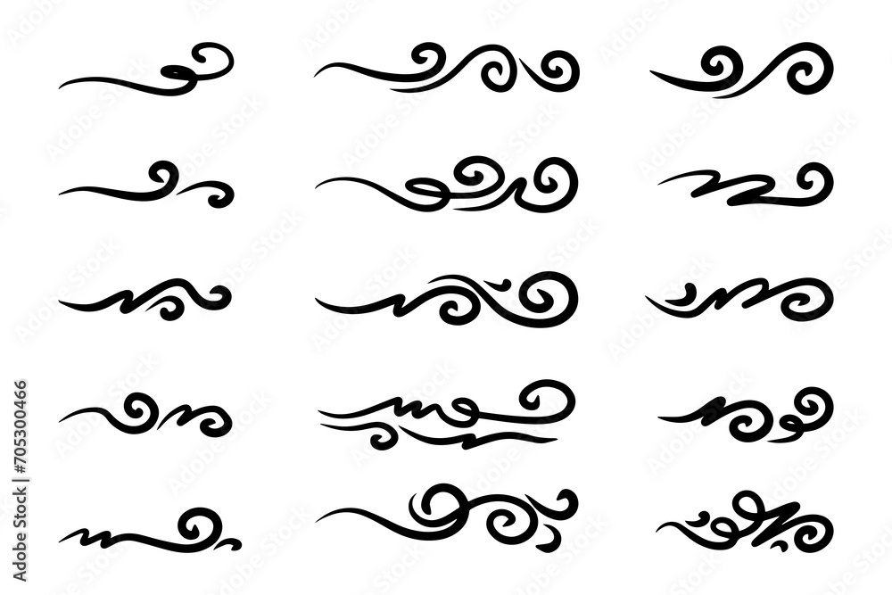 hand drawn wind doodle set, vector illustration.