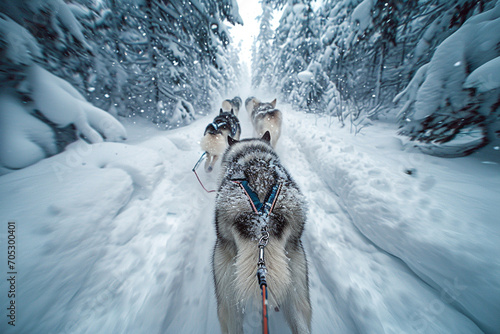 Playful huskies pulling a sled through a winter wonderland, their fur covered in glistening snowflakes top view photo