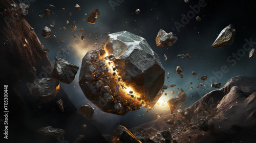 an asteroid filled with precious metals being broken apart. landscape, generative ai