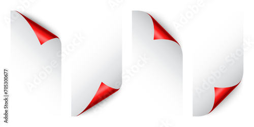Set of red paper curls. Curled page corner with shadow. Blank sheet of paper. Colorful shiny foil. Design element for advertising and promotion. Vector illustration.